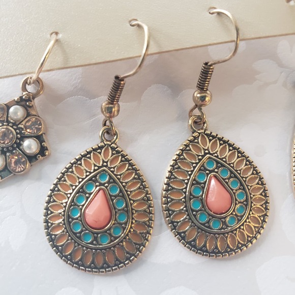 Multi-colored Earrings Set Round Drop-shaped Flower Set Turquoise - Picture 4 of 7